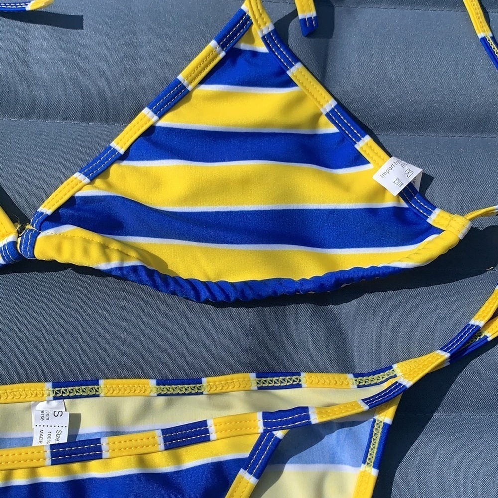 Blue & Yellow Striped String Bikini - Picture 5 of 7
